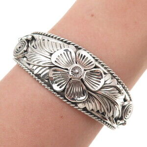 Annie Chapo Navajo Old Pawn 925 Sterling Vintage Floral Adjustable Bracelet 6"